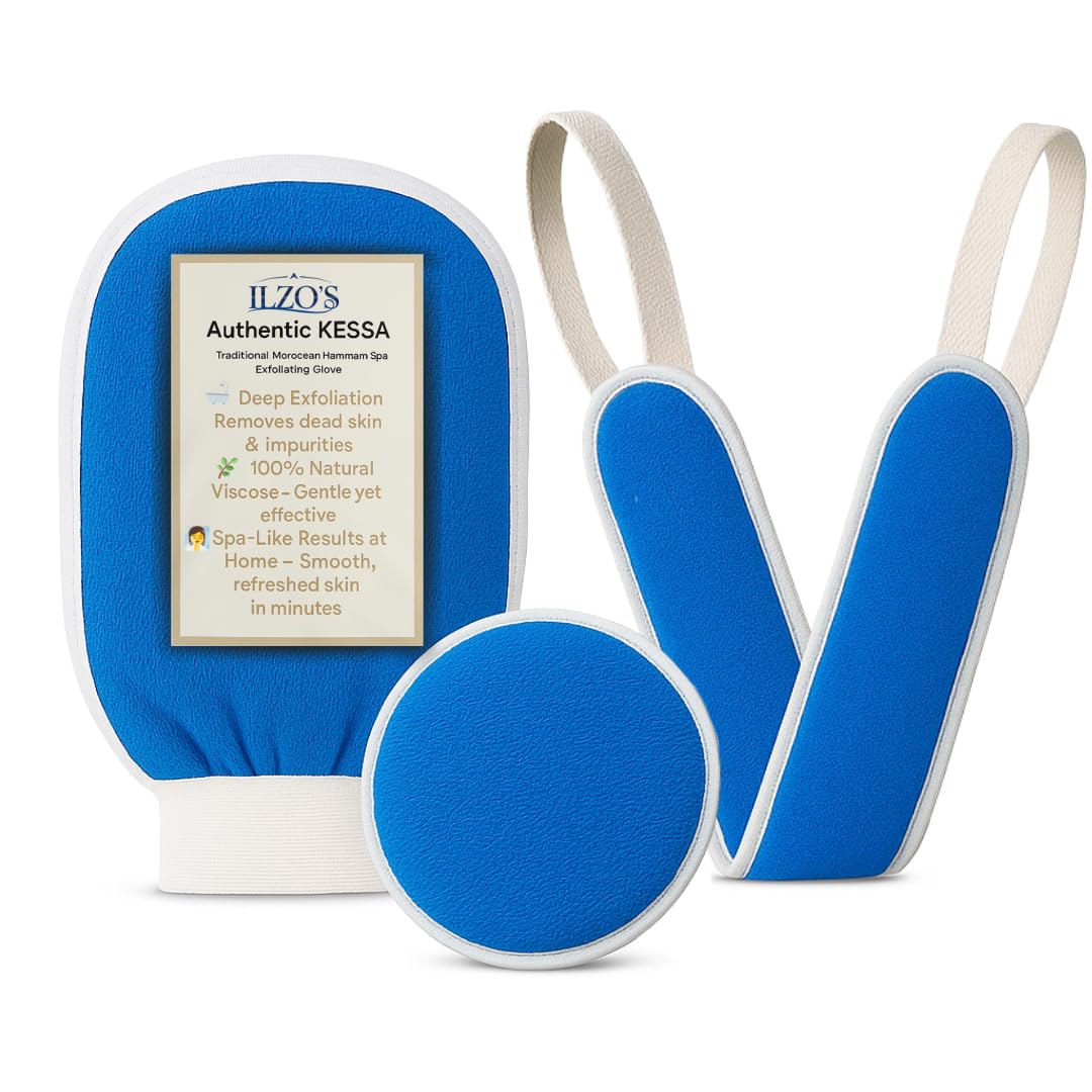 Original Moroccan Kessa Exfoliating Glove Set (ILZO’S) – 3-Piece Hammam Mitts for Face, Body & Back – Deep Skin Cleansing & Dead Skin Removal – Reusable Natural Exfoliator– Assorted Colors (TURQOUISE)