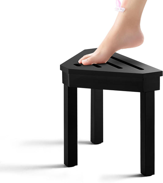 BLUEWEST Shower Foot Stool for Shaving Legs, Acacia Wood Shower Foot Rest (Black, Corner Seat)