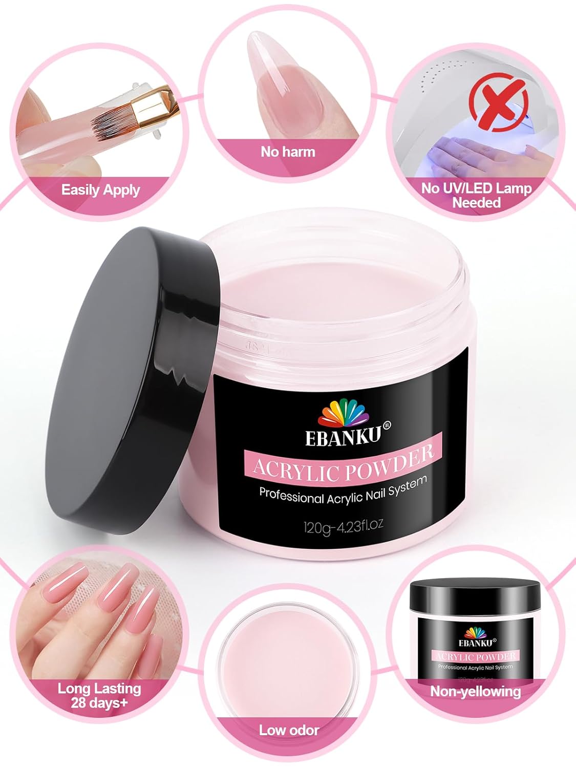 EBANKU Acrylic Powder, 120g/4.23oz Natural Pink Acrylic Nail Powder Large Capacity Professional Nail Powder for Nail Acrylic Extension, Nail Carving, Long-Lasting, No Nail Lamp Needed