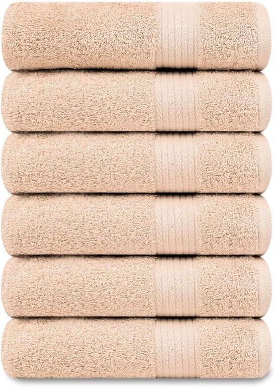 Ample Decor Hand Towel 18 X 28 Inch Pack of 6 600 GSM 100% Cotton,Oeko Tex Certified Soft Absorbent Thick Durable Premium Quality, for Hotel, Bathroom,Spa,Daily Use,Gym-Machine Washable-Beige