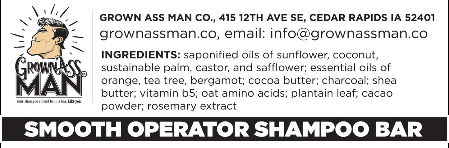 Grown Ass Man Co. - Solid Shampoo Bar Rich Lather 3 in 1: Hair, Beard & Body Wash - Plastic Free & Eco-Friendly, Natural & Organic Clean for All Hair Types, 4oz Bar (Smooth Operator, Single)