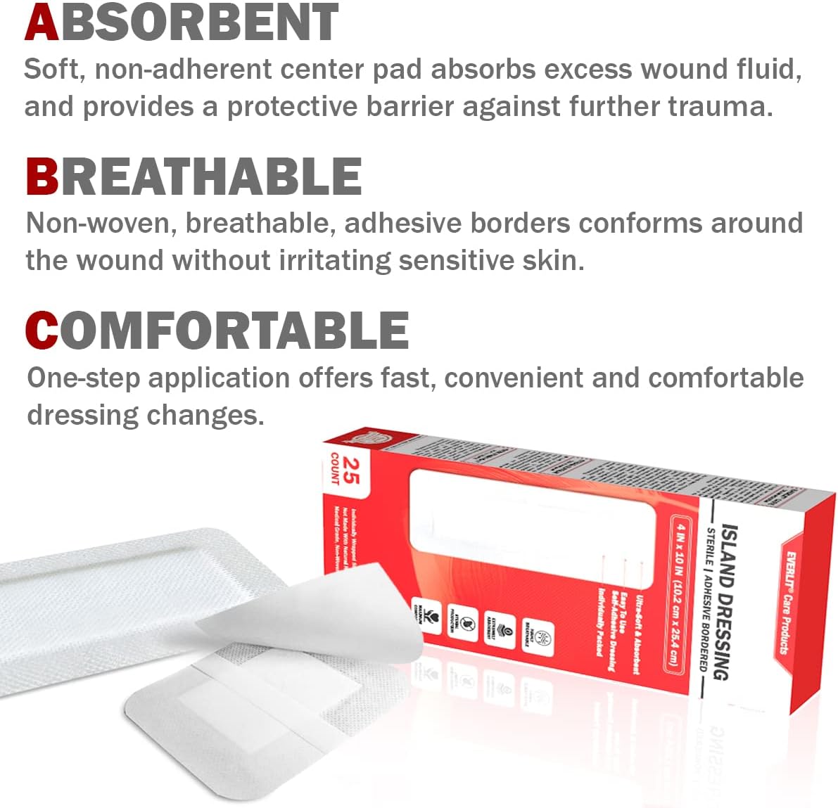 EVERLIT Island Dressing Bordered Gauze | Large Wound Care Bandage with Adhesive Border| Sterile, Soft & Highly Absorbent Medical Grade Dressing Pad (4x10 Inch (Pack of 25))