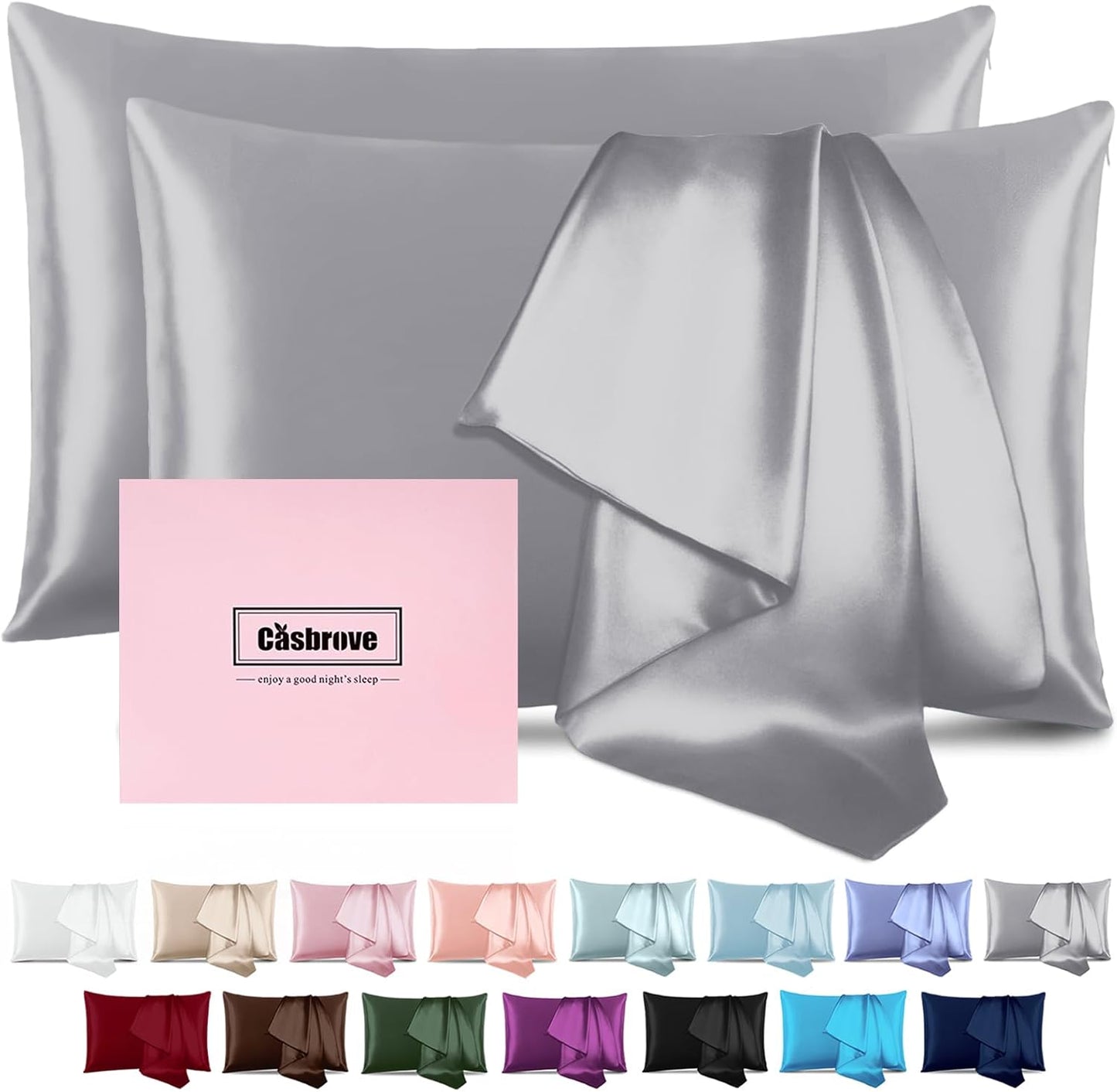 Silk Pillow Cases 2 Pack Mulberry Silk Pillow Cases Soft Breathable Both Sided Natural Silk Pillowcase with Zipper Beauty Sleep Silk Pillow Cases for Gift(Queen,Silver Gray)