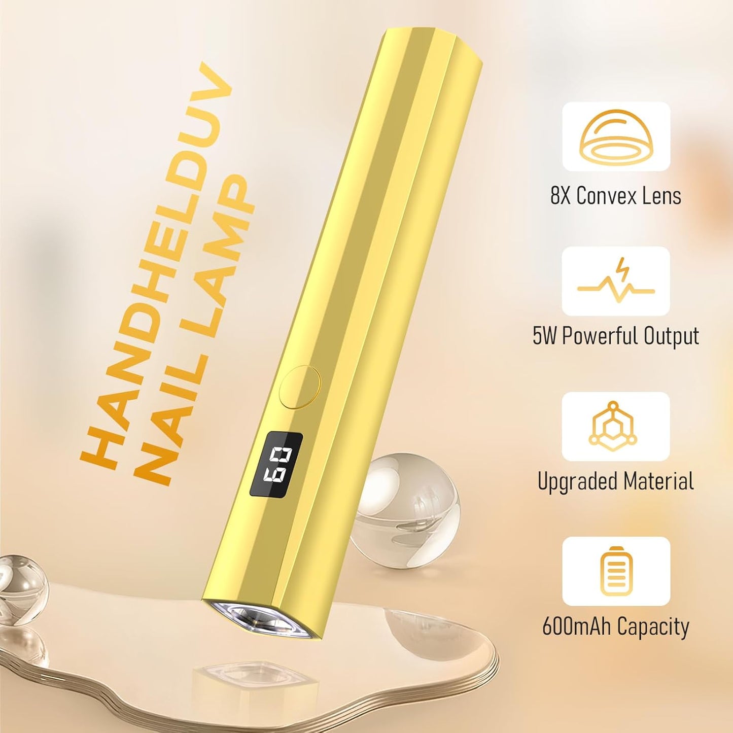 Handheld UV Nail Lamp, 5W Sparkly UV Light for Gel Nails, Portable LED Nail Lamp, Mini Nail Dryer with LCD Screen, USB Nail Light for Fast Curing (Gold)
