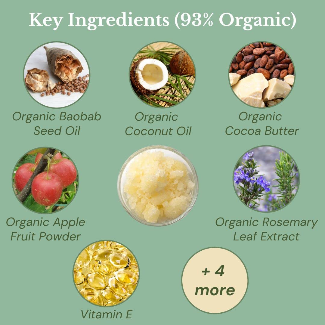 Organic Baobab & Coconut Omega Body Scrub 7oz. Omega rich exfoliator for acne, wrinkles and marks. Vegan, Gluten/Phthalates/Parabens Free. Made in USA.