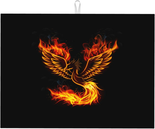 Funny Dish Drying Mat for Kitchen Counter Absorbent Reversible Fire Phoenix Drying Pad Dark Kitchen Decor Black Dish Drainer Rack Mats 18"x24"