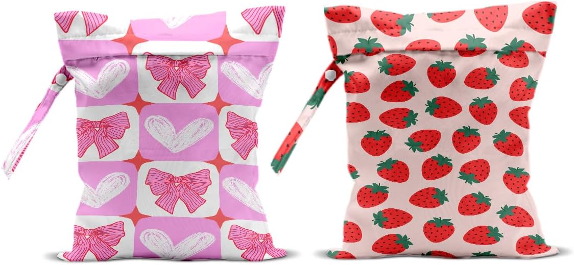 2Pcs Wet Bags, Wet Dry Bag Reusable for Swimsuit, Travel, Diapers, Beach, Dirty Yoga Gym Clothes, Toiletries, Makeup Bag, Waterproof Pink Bow Strawberry Print Birthday Christmas Gifts