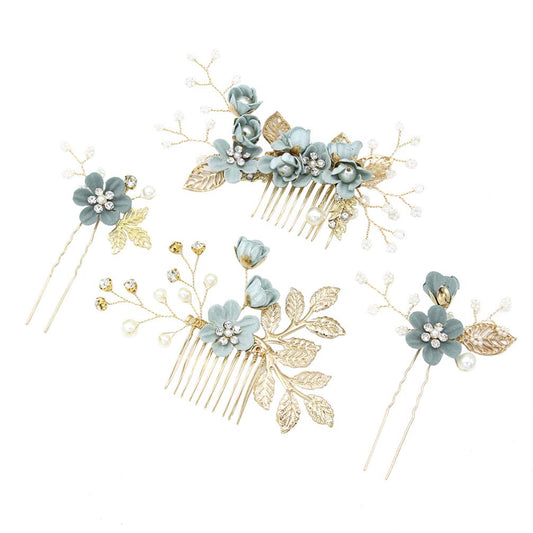 Kisangel Rhinestone Pearl Hair Accessories - 4pcs Floral Hair Combs, Hair Clips, and Wedding Hair Comb Set for Brides (Green)