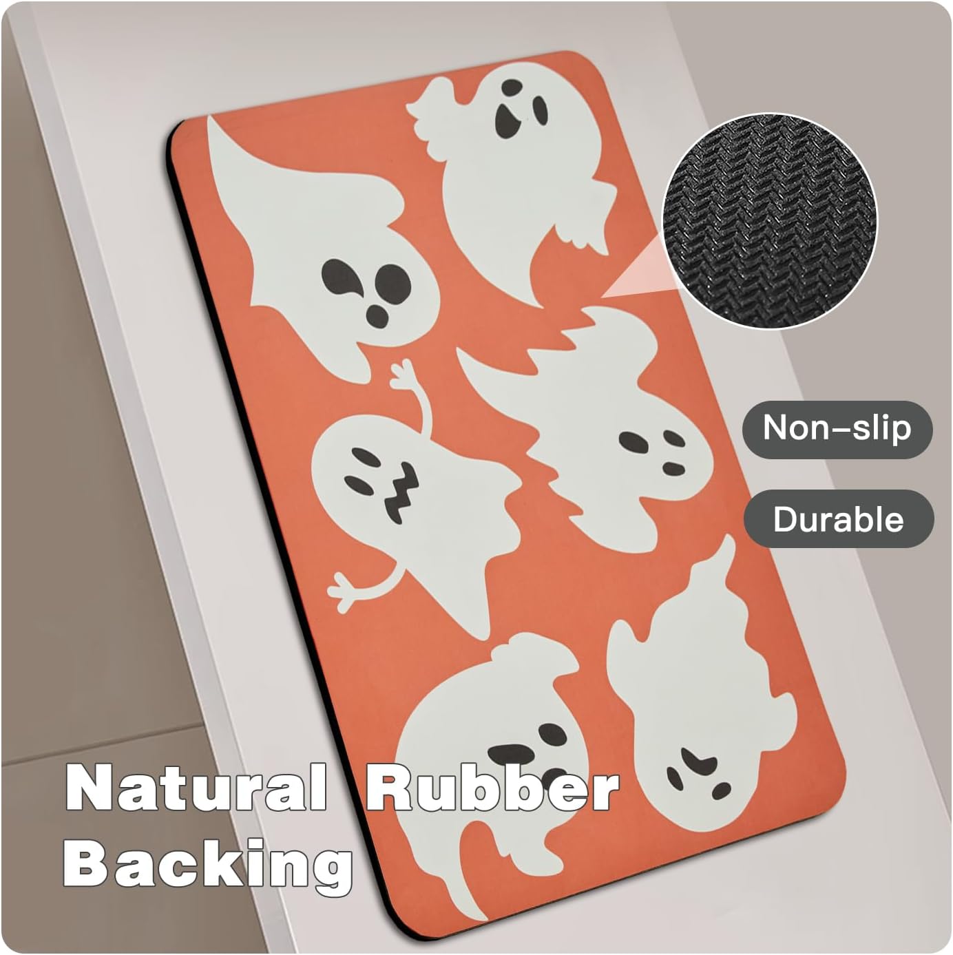 Halloween Bath Mat, Thin Halloween Bathroom Rug Non Slip Quick Dry Bath Mat Fits Under Door Thin Floor Mat Halloween Decor, 24''x36'', Cute Ghosts Orange