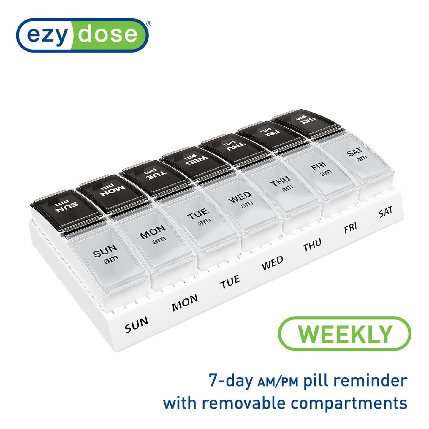 EZY DOSE Weekly (7-Day) Daily AM/PM Pill Case, Medicine Planner, Vitamin Organizer, Supplement Container, Small Pop-out Compartments, Designed for Travel, 2 Times a Day, Black and Clear Lids
