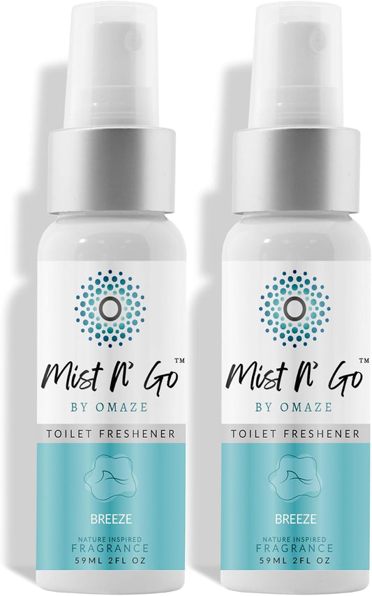 Mist N’ Go by Omaze Travel Bathroom Spray for Toilet Spray Odor Eliminator - Travel Toilet Spray for Bathroom Air Freshener Spray for Bathroom Deodorizer - Breeze Regular Size (2oz x2)
