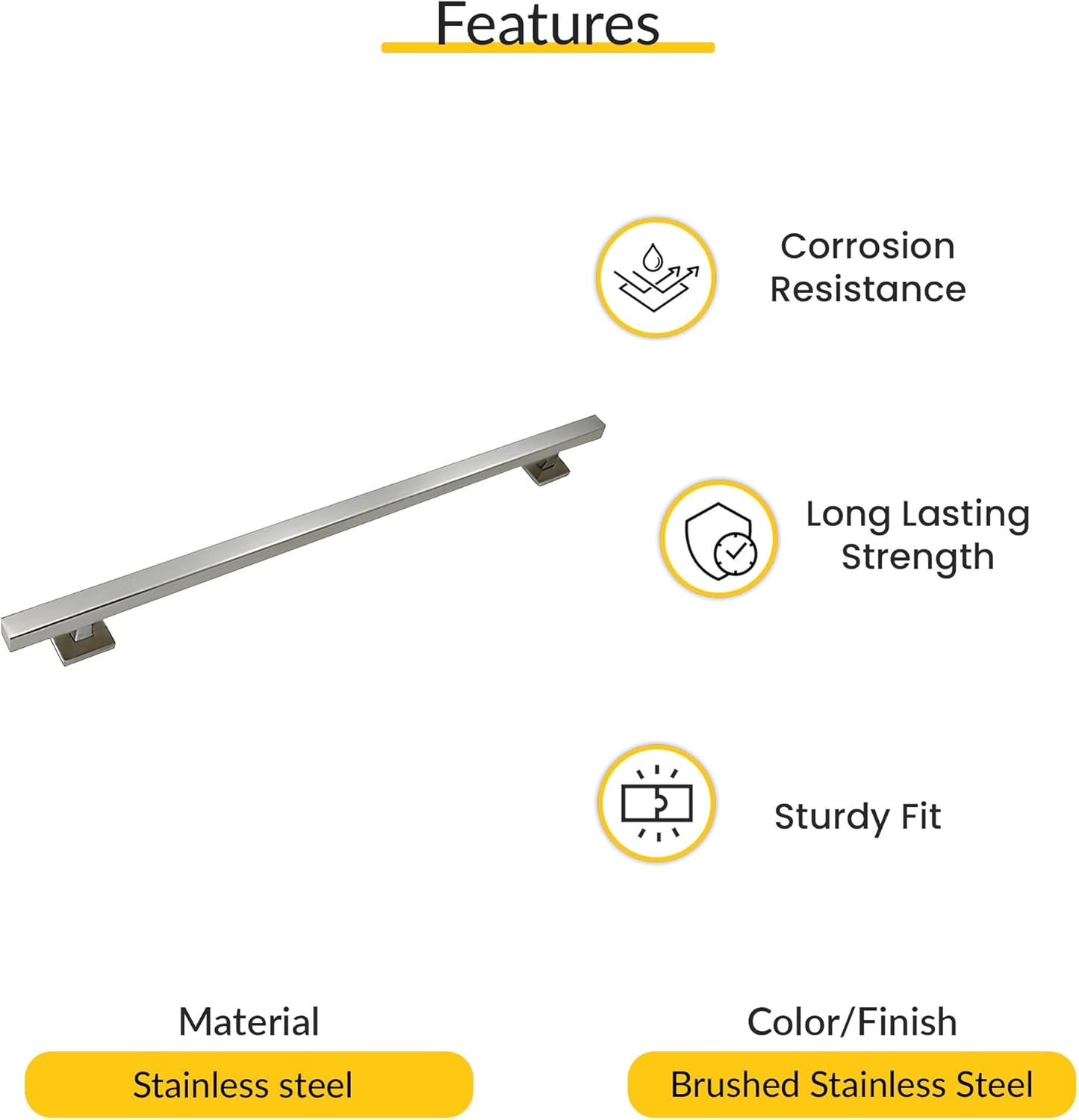 Brixwell Straight Square Grab Bar Stainless Steel Material, Brushed Stainless Steel Finish, 31-1/2" Length, 24" Hole Spacing, Tubular 1-1/4" Diameter, Included Cover Flanges and Mounting Hardware