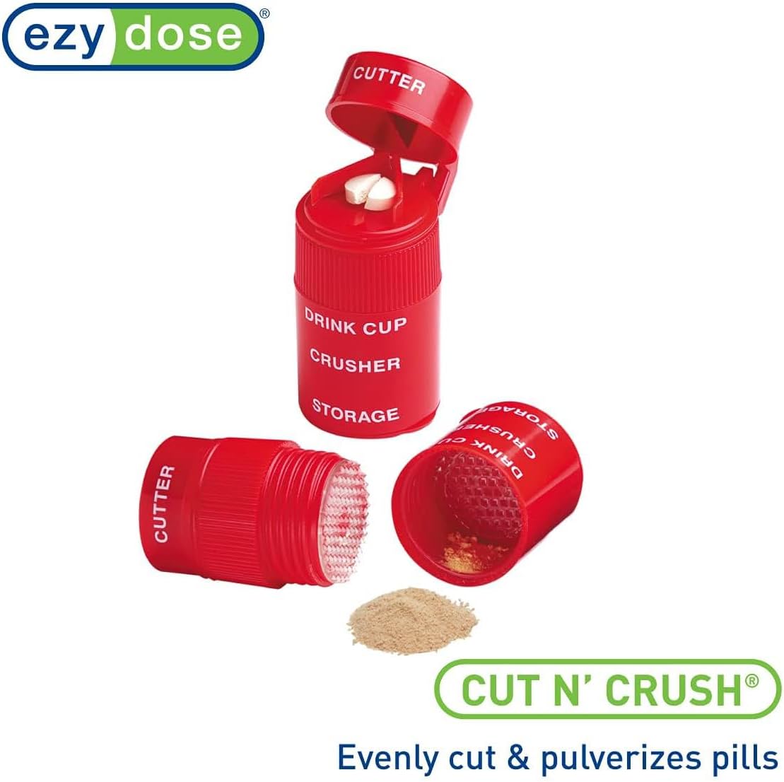EZY DOSE 3 Compartment Pill Crusher, Cutter and Grinder, Daily Usage, Safely Cut Pills, Vitamins, Tablets, Accurate and Easy Cutting, Stainless Steel Blade, Removable Drinking Cup, Red, BPA Free