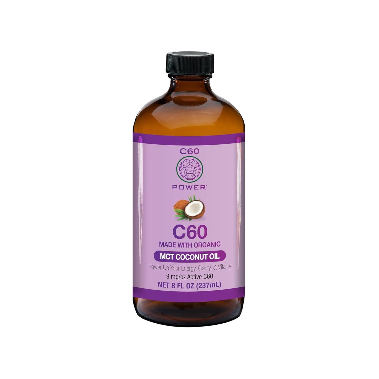 C60 Power - MCT 8-oz.- Organic MCT Coconut Oil, 8 Fl Oz, 99.99% Pure Carbon Fullerenes, Lift Oxidative Burden, Optimize Mitochondrial Function