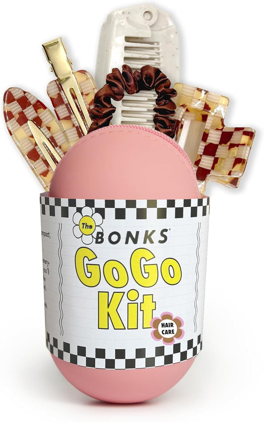 Bonks GoGo Kit - Hair Care Kit Espresso - Portable Hair Accessories Pouch for Women & Teens - Includes Mini Claw Clip, Seamless Hair Pins, Silky Hair Tie & Folding Comb - Compact Travel Essential