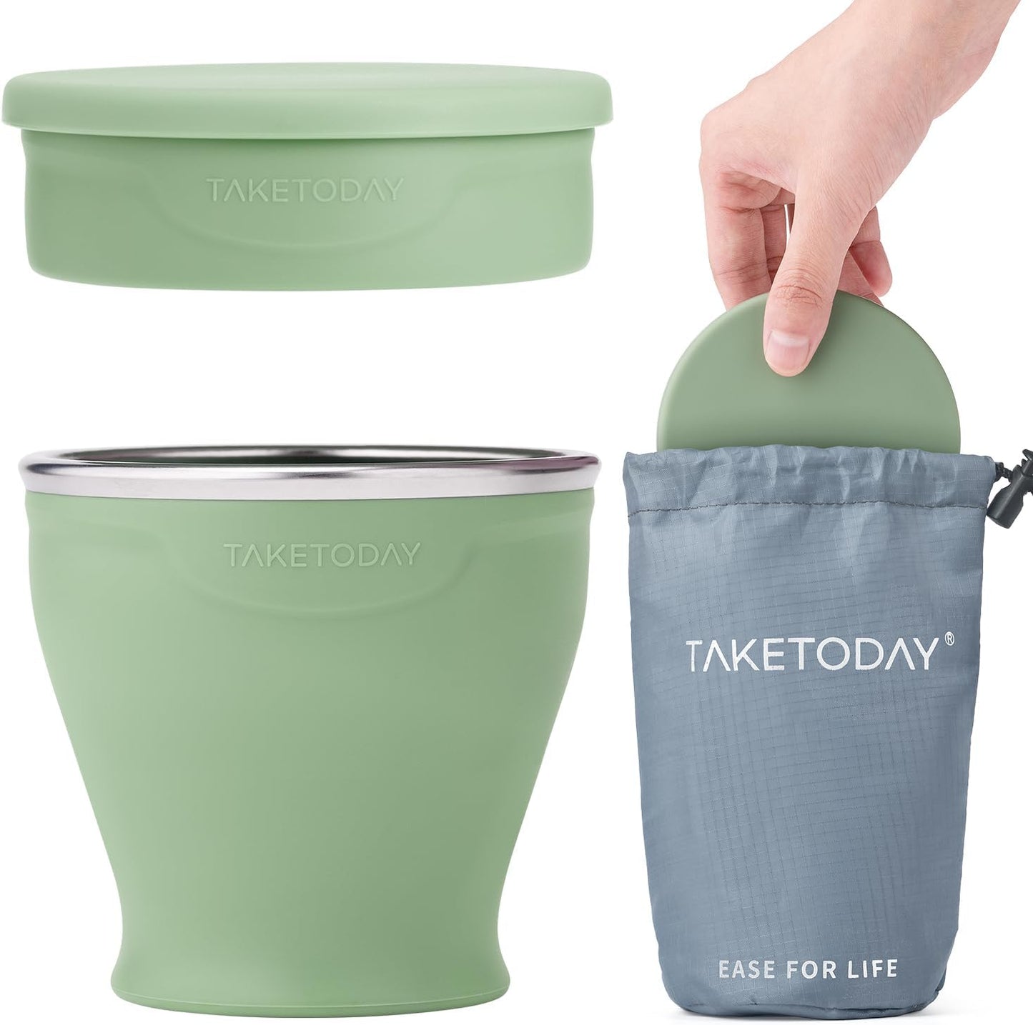 TakeToday Collapsible Travel Cup - Silicone Foldable Water Cup, BPA-Free with Lid & Waterproof Bag - Drinking Cup Set for Office, Camping & International Travel（8 Oz, Green）