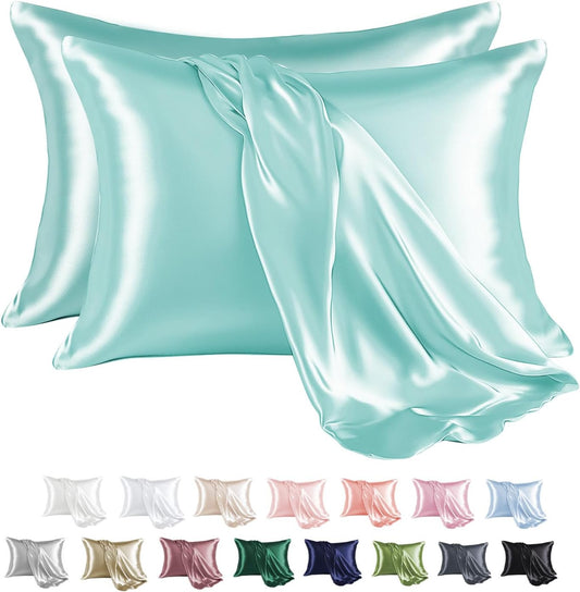 MR&HM Satin Pillowcase for Hair and Skin, Silk Satin Pillowcase 2 Pack, Queen Size Pillow Cases Set of 2, Silky Pillow Cover with Envelope Closure (20x30, Turquoise)