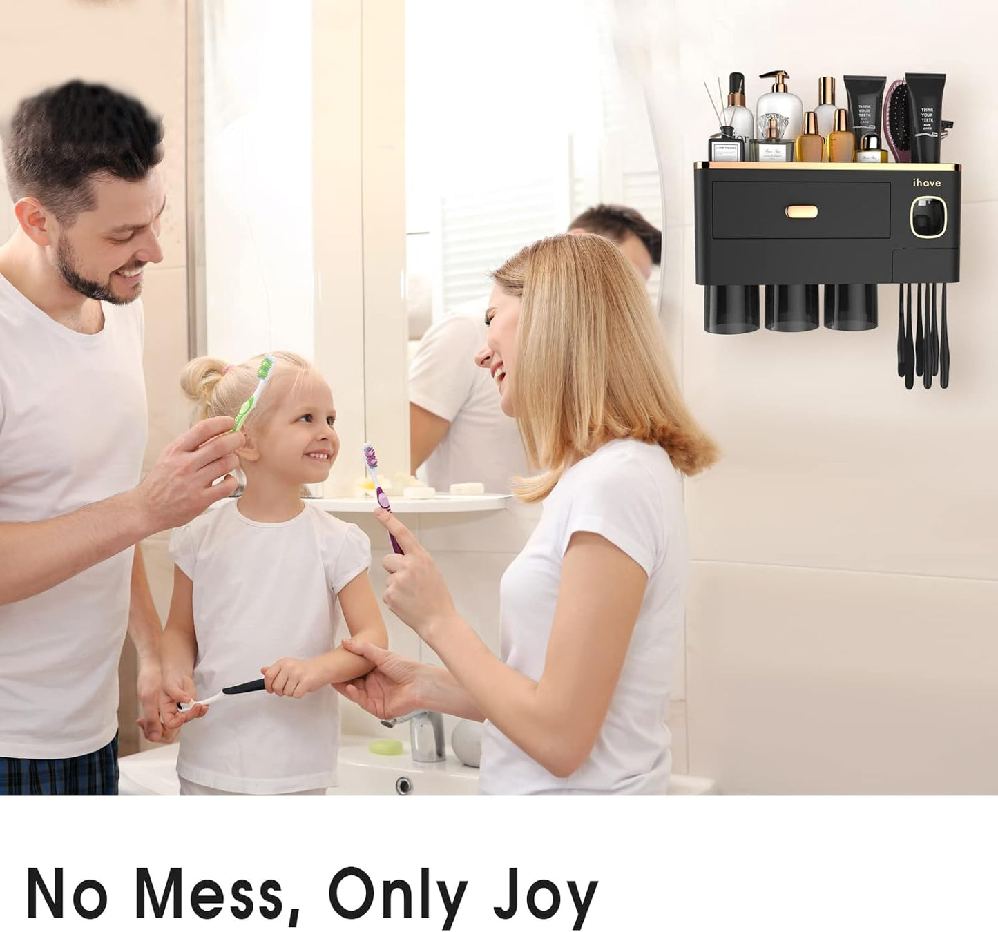 iHave Toothbrush Holders for Bathrooms - Upgrade Wall Mounted Toothbrush Holder with Toothpaste Dispenser - 3 Cups, Large Capacity Tray - Bathroom Accessories & Bathroom Storage