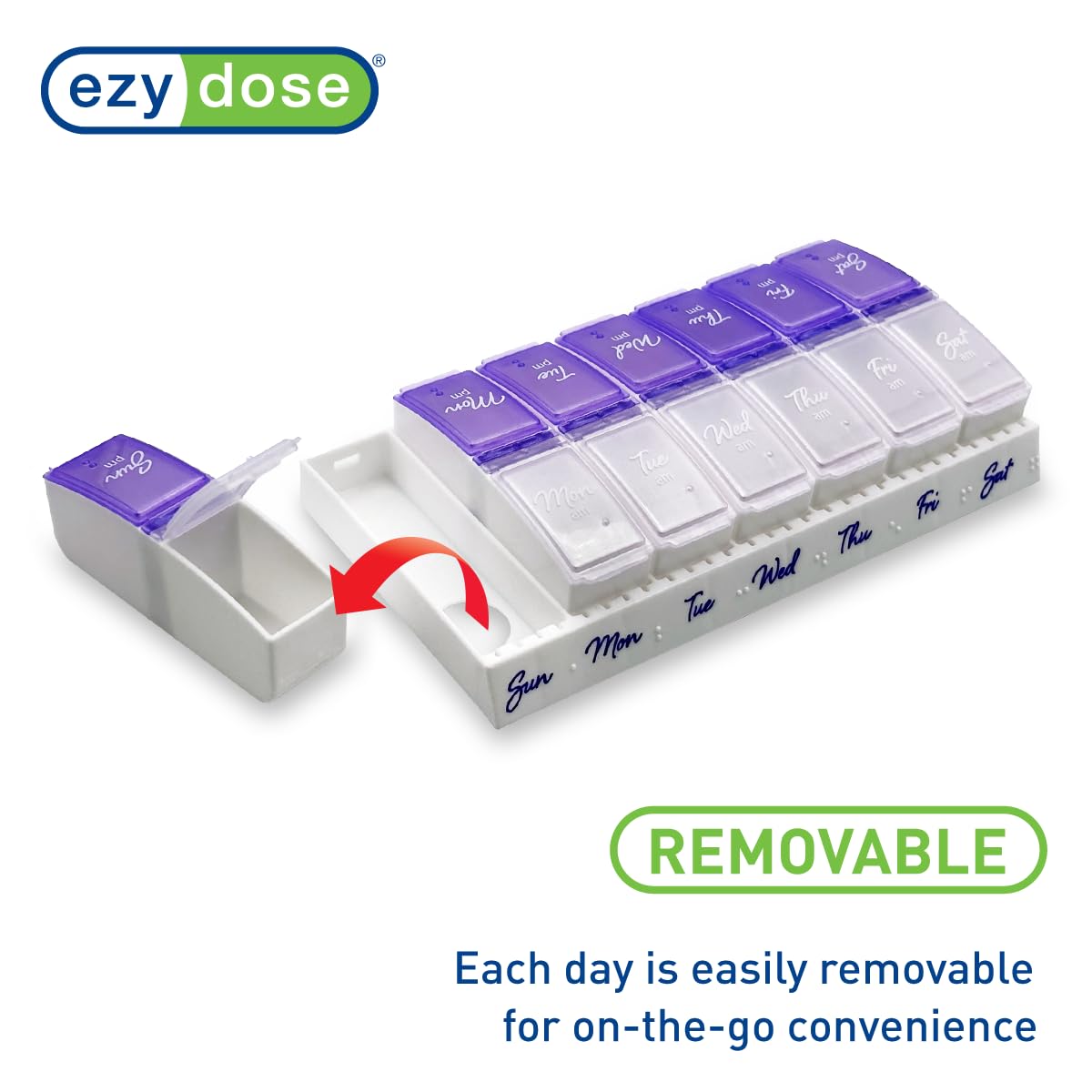 Ezy Dose Weekly (7-Day) Daily Pill Case, Medicine Planner, Vitamin Organizer, 2 Times a Day AM/PM, Small Pop-out Compartments, Arthritis Friendly, Easy to Use, Pearlescent and Lavender Lids, BPA Free