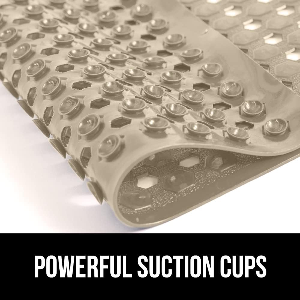 GORILLA GRIP Patented Bath Tub Shower Mat, Machine Washable Bathtub Floor Liner Mats, Suction Cups and Drain Holes to Keep Tubs Clean, Soft on Feet, Bathroom Essentials, 35x16 Inch, Beige