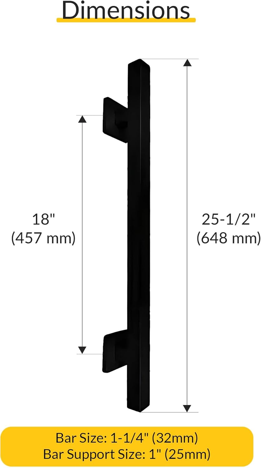 Brixwell Straight Square Grab Bar Stainless Steel Material, Matte Black Finish, 25-1/2" Length, 18" Hole Spacing, Tubular 1-1/4" Diameter, Included Cover Flanges and Mounting Hardware