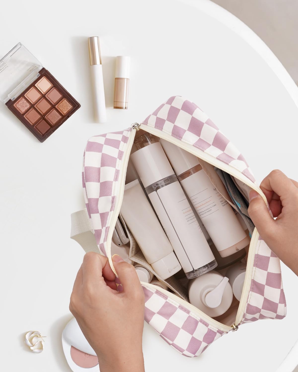 Narwey Large Checkered Travel Toiletry Bag Women Toiletries Bag Pink Makeup Bag Organizer Make up bag Cosmetic Bag Medicine Bag for Girls (Dusty Rose Checkerboard, Large)