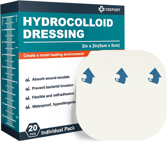 20 Pack Hydrocolloid Wound Dressing, 2" x 2" Ultra Thin Hydrocolloid Bandages with Self-Adhesive, Waterproof Hydrocolloid Patch for Bed Sore, Mild Burn, Blister, Acne Care