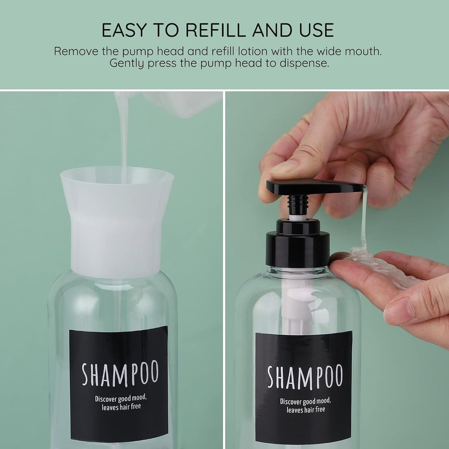 Shower Bottles with 2 Extra Pumps, Segbeauty 3 Packs of 16.9oz Shampoo and Conditioner Bottles with Funnel, 500ml Clear Refillable Bathroom Body Wash Dispenser, Reusable PET Squeeze Bottles with Pump