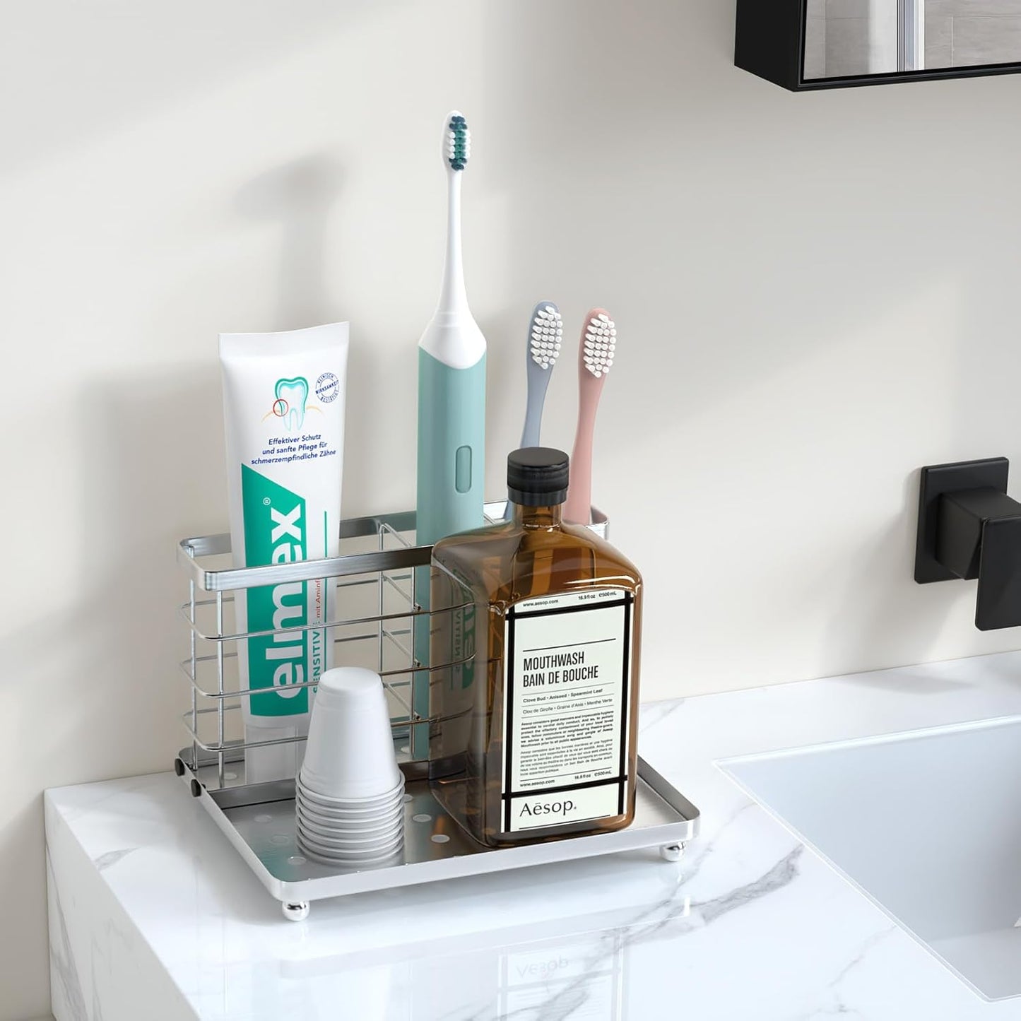 Luxspire Toothbrush Holders for Bathroom, Toothbrush Holder with Tray, Stainless Steel Holder for Toothbrush Toothpaste, Tooth Brushing Holder for Bathroom Countertop, 3-Slot, Silver