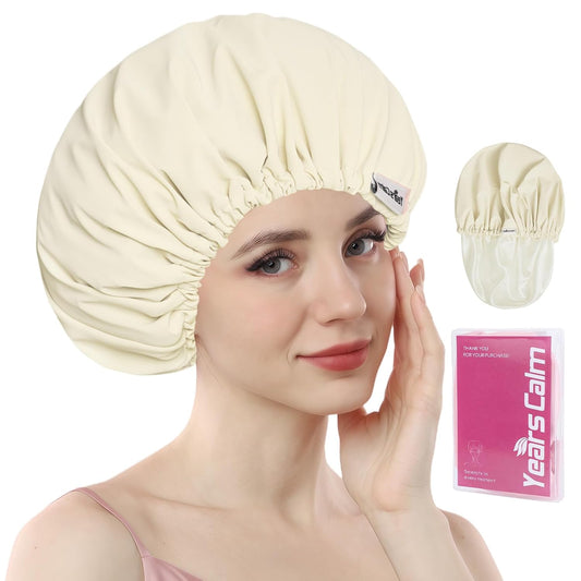 Years calm Shower Cap Reusable Waterproof, Double-Layer Hair Cap, with Elastic Band, Ideal for Shower, Spa, Travel & Cleaning (Light yellow, One Size)