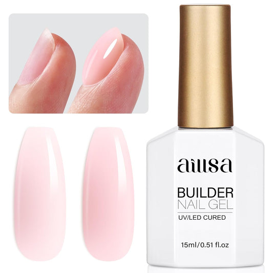 AILLSA Milky Pink Builder Gel for Nails 7 In 1 Hard Gel Polish for Nail Thickening Nude Strengthener Gel Polish Light Color Extension U V Gel for for French Manicure Base Coat Needed 0.51 Oz GB90