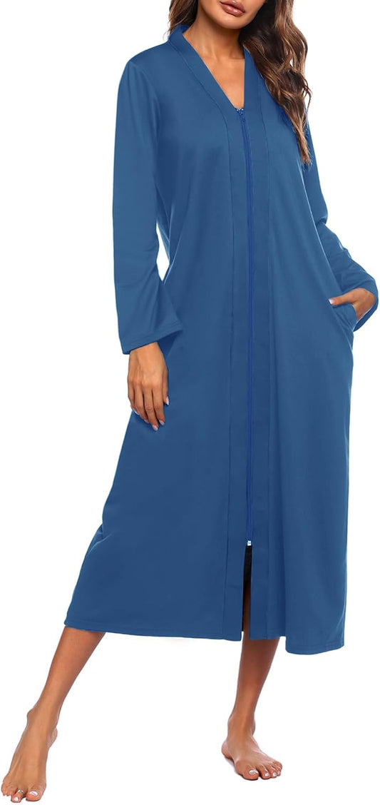 Ekouaer Women Zipper Robe Long Sleeve Loungewear Lightweight Housecoat Full Length Nightgown with Pockets