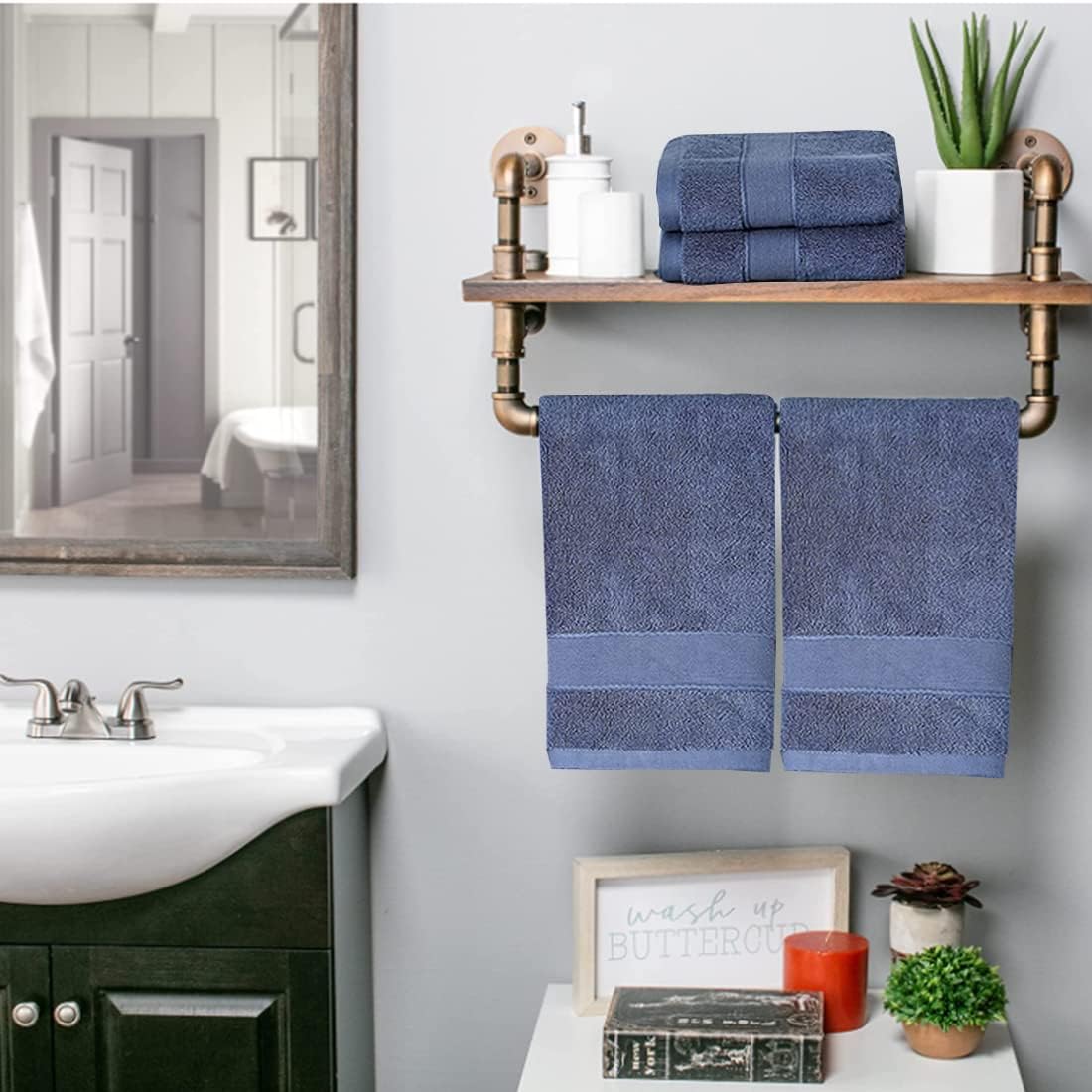 2 Pack Hand Towels for Bathroom- (14 x 30 Inch) 100% Cotton Hand Towel, Highly Absorbent and Quick Dry Face Washcloth, Home Soft Premium Towel for Hotel, Bath, Kitchen and Spa, Set of 2 (Blue)