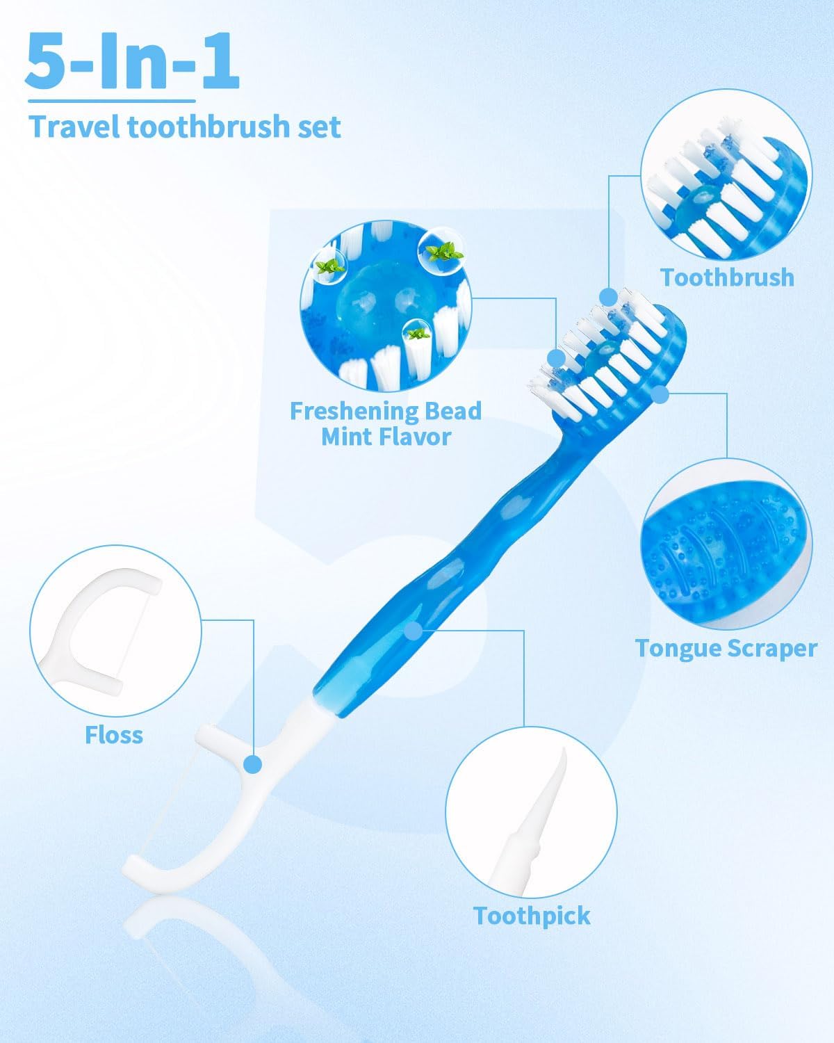 5 in 1 Disposable Mini Toothbrushes Travel Size with Toothpaste, Floss, Pick & Tongue Scraper, Individually Wrapped, Portable Oral Care Set, 32 Packs, Mix 4 Flavors