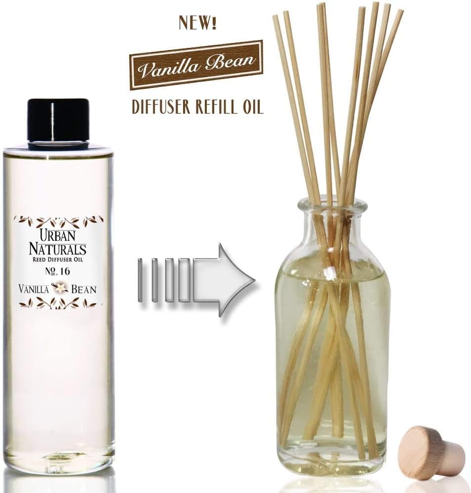 Urban Naturals Vanilla Bean Scented Oil Reed Diffuser Refill | Includes a Free Set of Reed Sticks! Vanilla Cream, Amber & Sweet Tonka Bean, 4 oz.