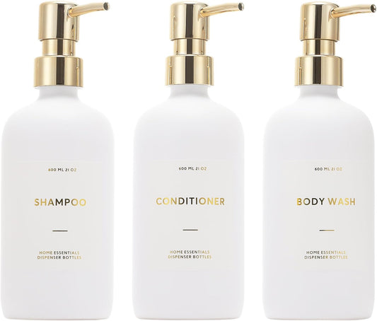 HOMCDALY Shampoo and Conditioner Dispenser, 21oz 3-Pack Refillable Pump Bottles, Shampoo Container, Empty Pump Bottle, Bathroom Shower Dispenser（21oz-White&Gold）