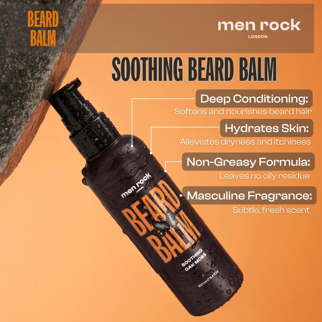 Men Rock Beardy Beloved Soothing Essential Beard Kit - Oak Moss - Beard Oil, Balm and Wash - Mens Face Care - Skincare Products for Men - 3 Pc