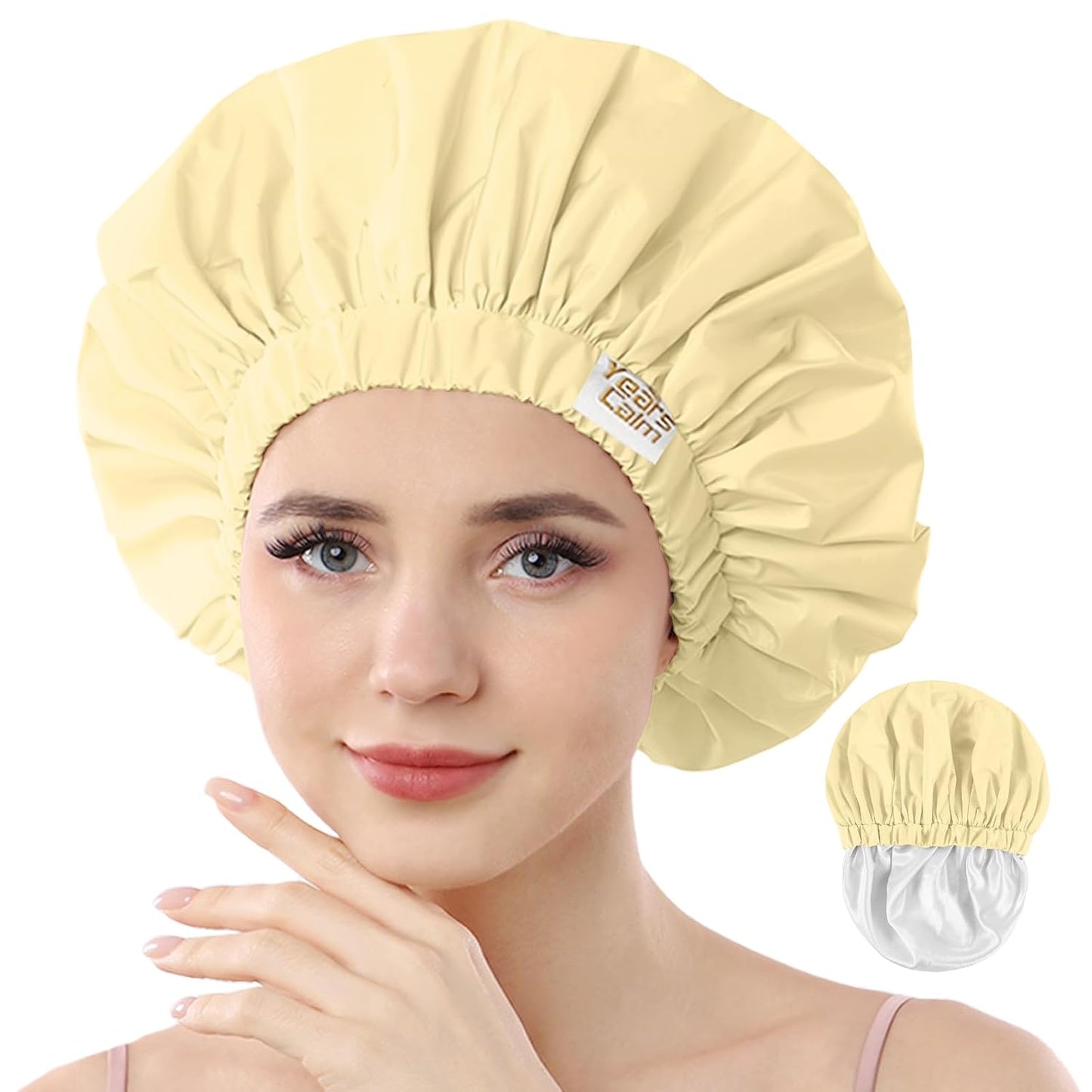 Years calm Reusable Waterproof Shower Caps for Women, Hair Caps for Showers, Double-Layer Elastic Design, for All Hairstyles, Travel-Friendly (Yellow)
