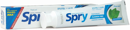 Spry Natural Xylitol Toothpaste 5oz for Adults and Kids - Fluoride Free, Gentle for Sensitive Teeth Whitening and Remineralizing, Breath Freshening, Mouth Moisturizing, Peppermint (Pack of 6)