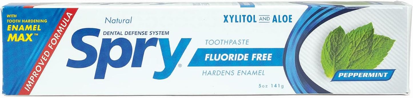 Spry Natural Xylitol Toothpaste 5oz for Adults and Kids - Fluoride Free, Gentle for Sensitive Teeth Whitening and Remineralizing, Breath Freshening, Mouth Moisturizing, Peppermint (Pack of 3)
