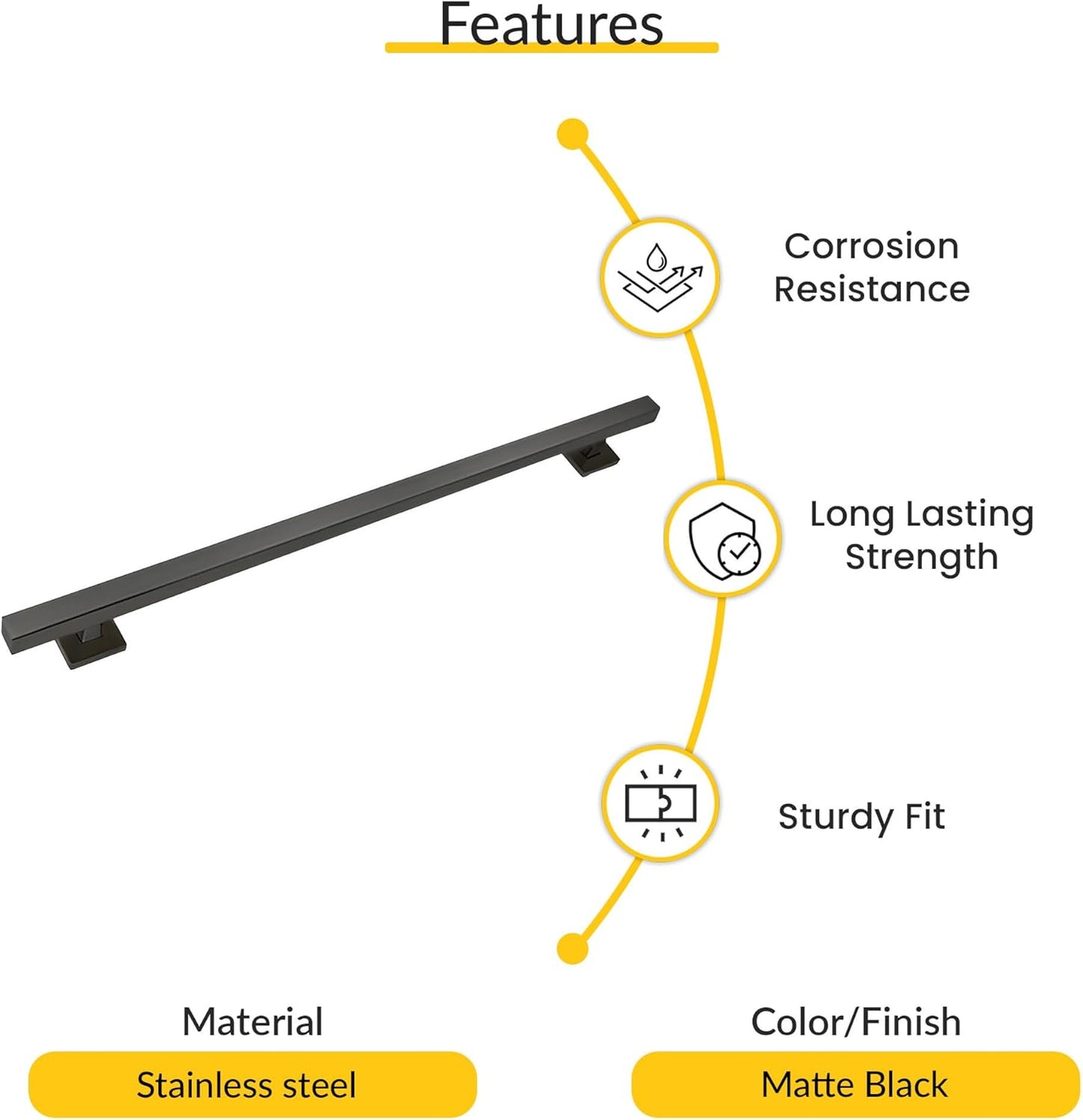Brixwell Straight Square Grab Bar Stainless Steel Material, Matte Black Finish, 31-1/2" Length, 24" Hole Spacing, Tubular 1-1/4" Diameter, Included Cover Flanges and Mounting Hardware