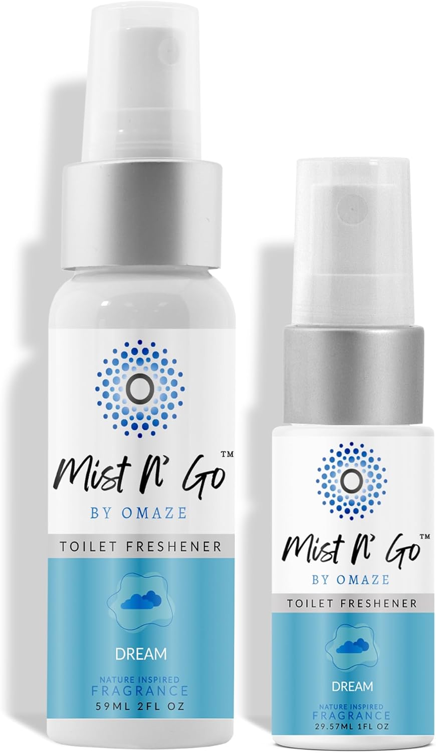 Mist N' Go by Omaze Travel Toilet Spray - Odor Eliminator and Bathroom Air Freshener Deodorizer - Dream Daily Pack (2oz x1 + 1oz x1)