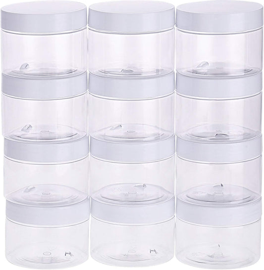 SATINIOR 12 Pack 6 oz Plastic Container Jars with Lids Round Clear Travel Cosmetic Container Jars for Toiletries, Lotion, Cream, Ointments, Makeup, Rhinestone, Samples, Kitchen Storage(White)
