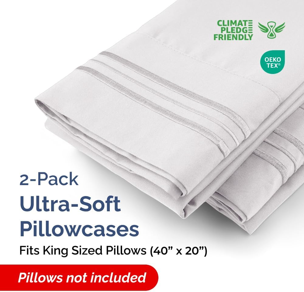 King Pillow Cases Set of 2 - Ultra Soft Hotel Quality Pillowcase Covers - Comfy, Cozy & Wrinkle Free - Shrink, Stain & Fade Resistant - Machine Washable Pillow Protectors - 2 Piece Set - French Grey