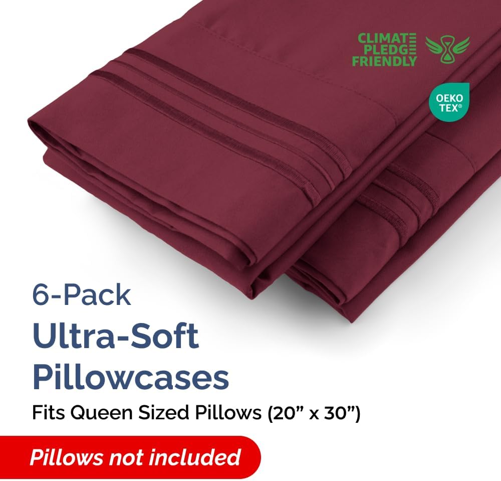 Queen Pillow Cases Set of 6 - Ultra Soft Hotel Quality Pillowcase Covers - Comfy, Cozy & Wrinkle Free - Shrink, Stain and Fade Resistant - Machine Washable Pillow Protectors - 6 Piece Set - Burgundy