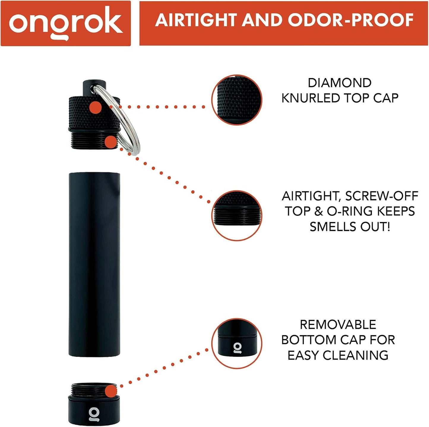 ONGROK Premium Storage Tube, Keychain, Pocket-Sized, Airtight, Aluminum Metal Holder and Case (Black)