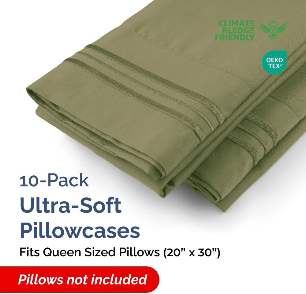 Queen Pillow Cases Set of 10 - Ultra Soft Hotel Quality Pillowcase Covers - Comfy, Cozy & Wrinkle Free - Shrink, Stain & Fade Resistant - Machine Washable Pillow Protectors - 10 Pcs Set - Sage Green