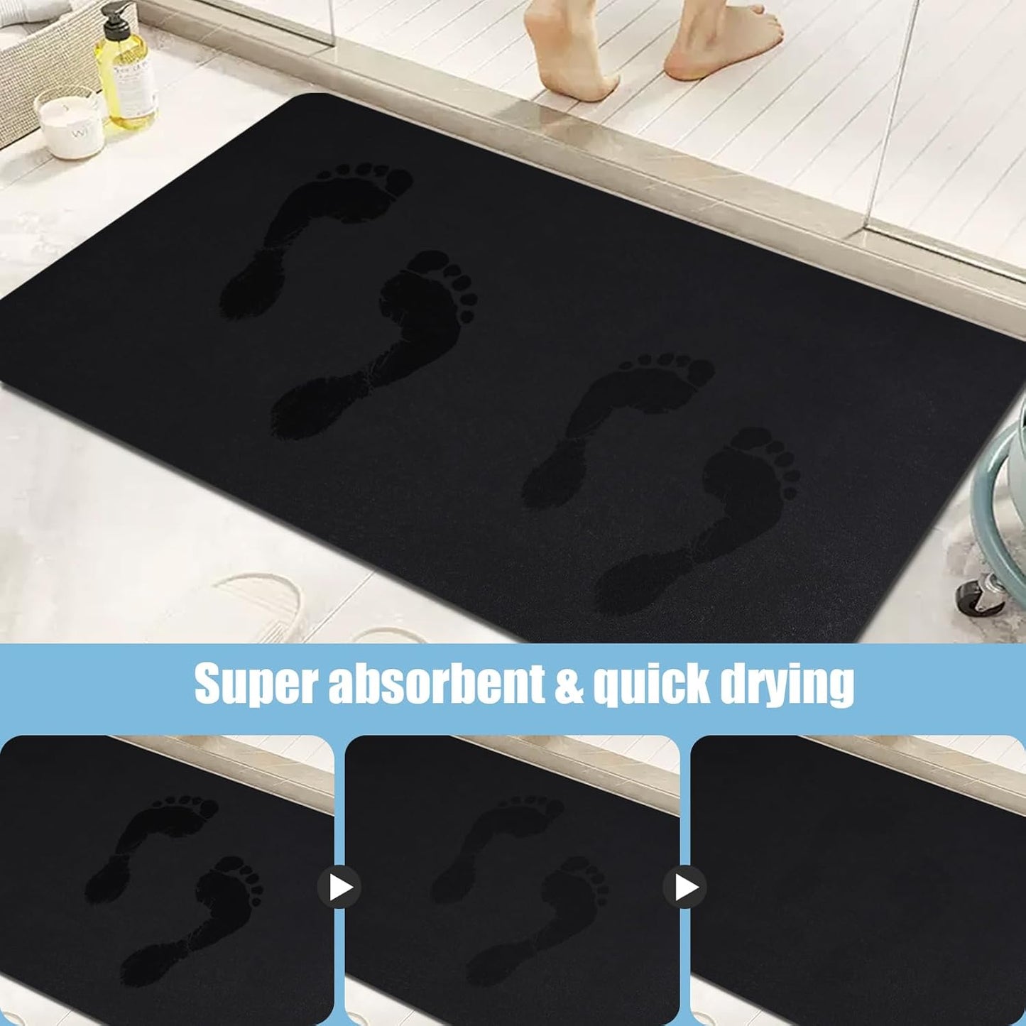 Diatomaceous Earth Bath mat Bathroom Rugs Super Absorbent Quick Dry Non Slip Bath Mat Thin Bathroom Floor Mats Fit Under Door-Shower Rug for in Front of Bathtub Shower, Black, 19.6"x31.5"