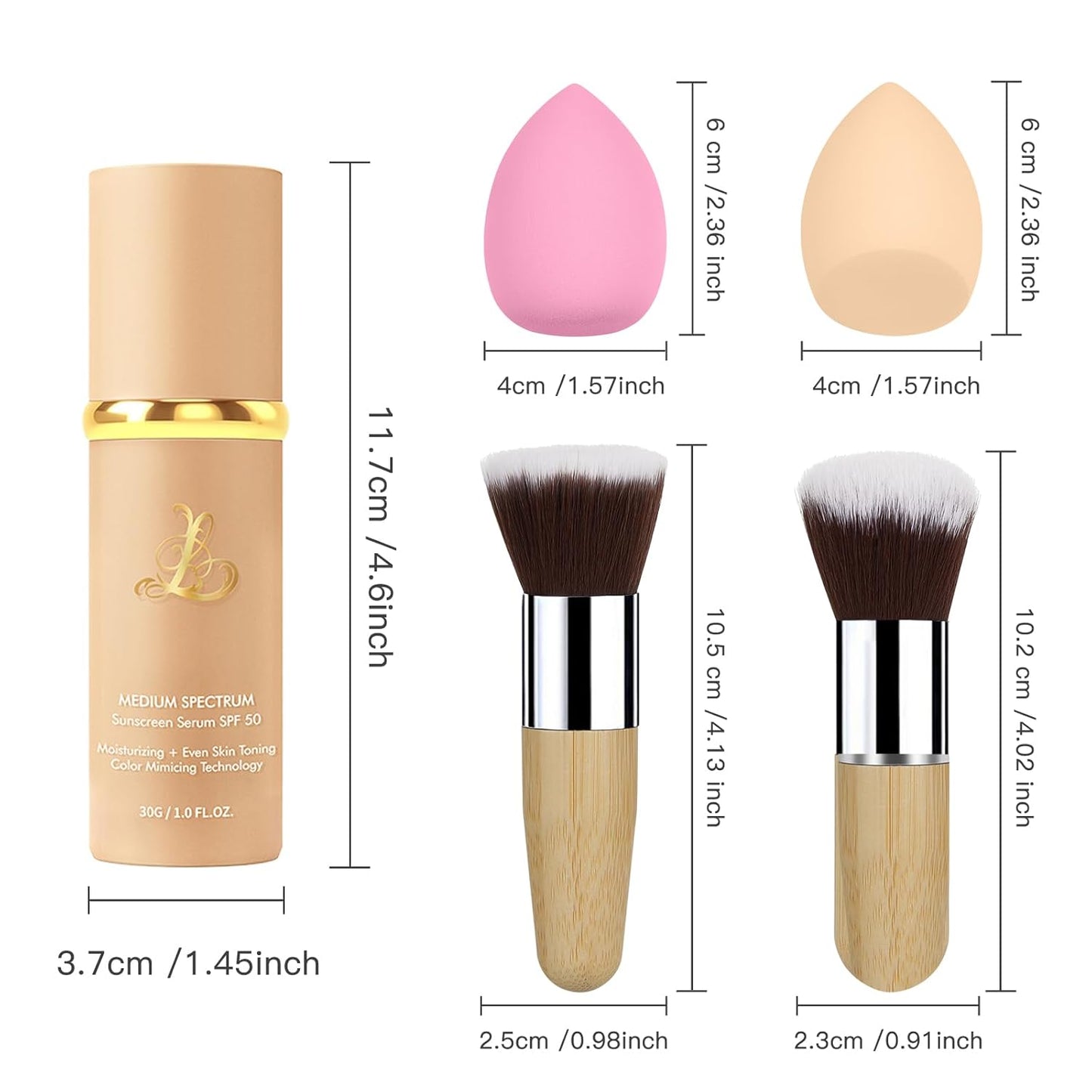 Match Foundation 4-in-1 with SPF 50 : Color Changing Foundation Medium Spectrum with 2 Brushes and 2 Cosmetics Sponge - Moisturizing & Concealer Face Makeup for All Skin Types