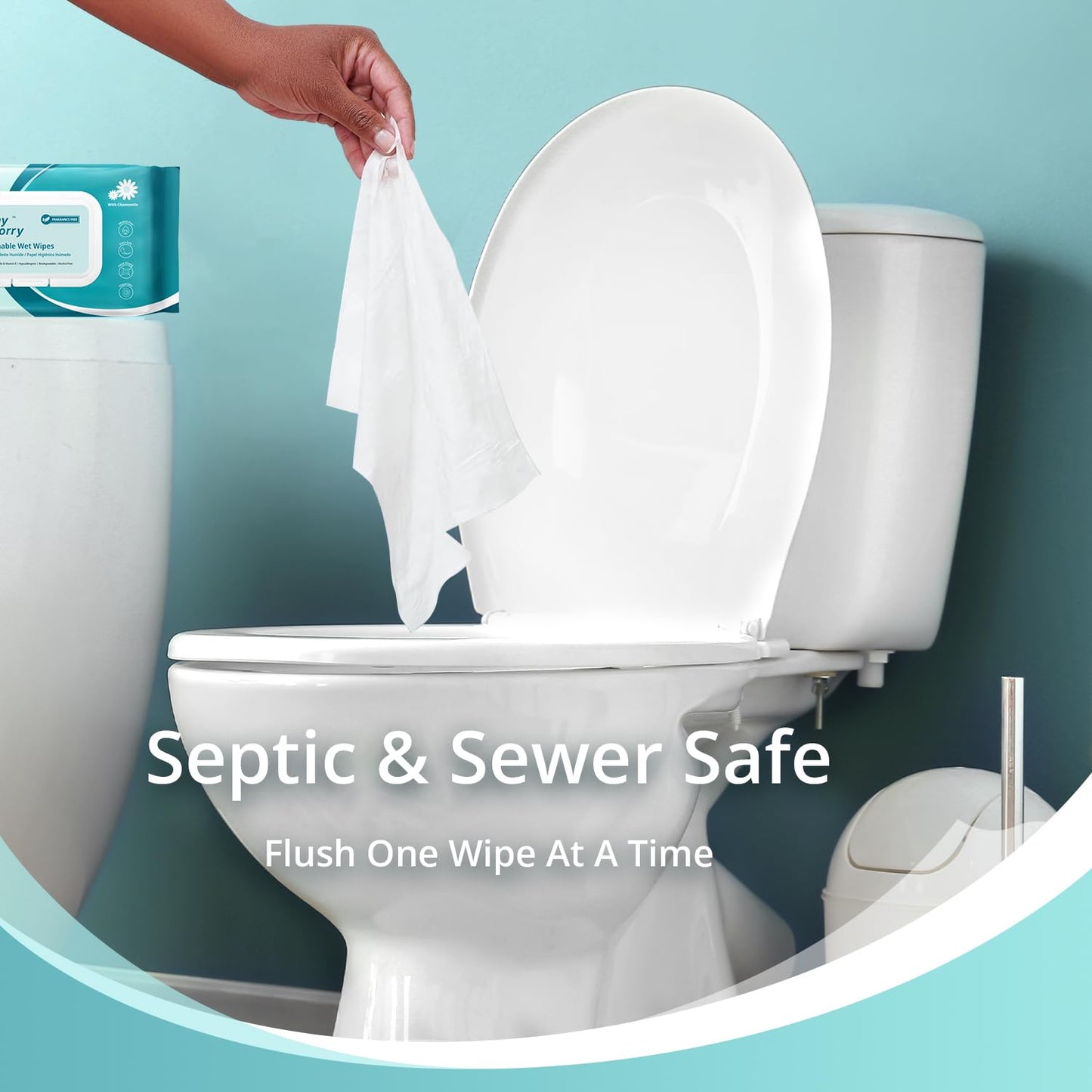 WhyWorry Flushable Wipes for Adults, Extra Large 8"x10" Butt Wipes for Personal Hygiene & Cleansing, Chamomile and Vitamin E, 100% Plant-Based, Septic & Sewer Safe, Unscented, 384 Count (8 Packs)